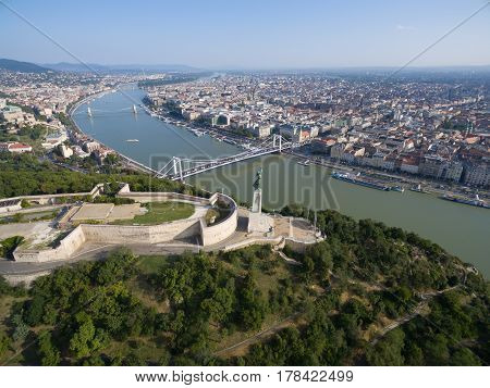 Aerial view of Liberty statue at Gellert hill in Budapest. Hungary.