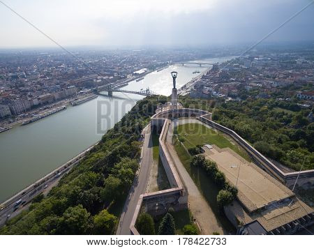 Aerial view of Liberty statue at Gellert hill in Budapest. Hungary.