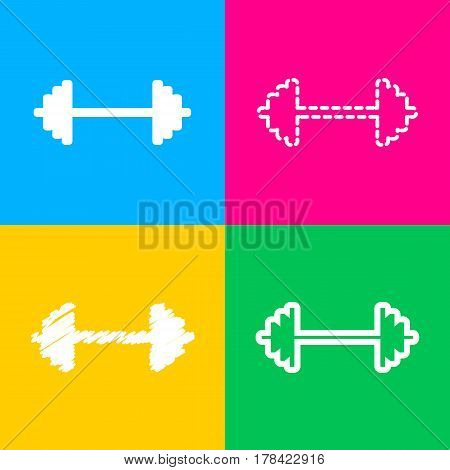 Dumbbell weights sign. Four styles of icon on four color squares.