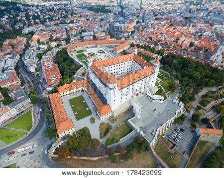 Aerial view of Bratislava castle and Danube river, Slovakia