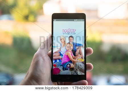 Nitra, Slovakia, March 24, 2017: Wizzair application logo on smartphone