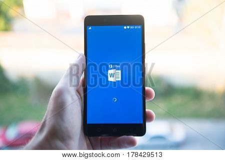 Nitra, Slovakia, March 24, 2017: Microsoft Office Word application logo on smartphone