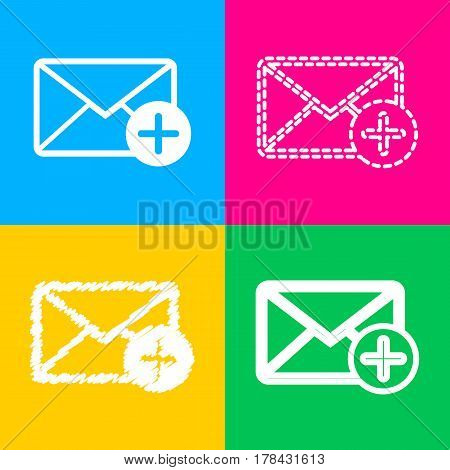 Mail sign illustration with add mark. Four styles of icon on four color squares.