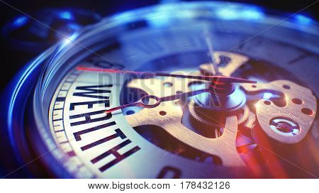 Pocket Watch Face with Wealth Wording on it. Business Concept with Lens Flare Effect. 3D Illustration.