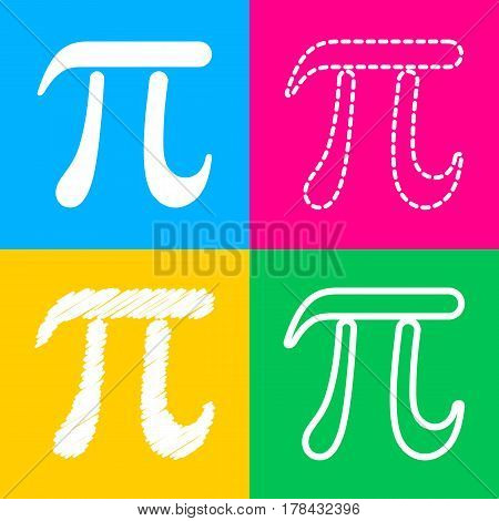 Pi greek letter sign. Four styles of icon on four color squares.