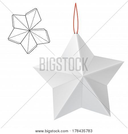 Vector Illustration of hand made craft Christmas decoration for Design, Website, Background, Banner. Toy New Year Template. Paper star gift box with die line for your brand on it