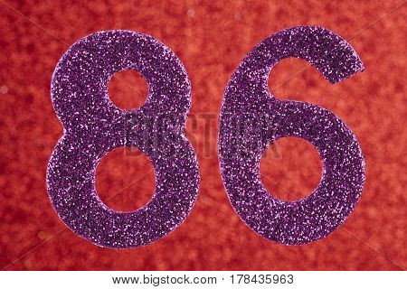 Number eighty-six purple color over a red background. Anniversary. Horizontal