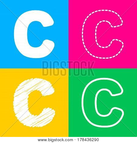 Letter C sign design template element. Four styles of icon on four color squares.