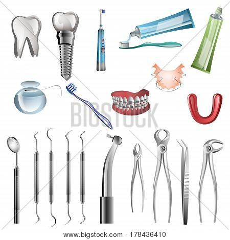 Realistic dentist tools and tooth healthcare equipment set isolated vector illustration