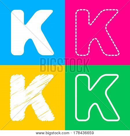 Letter K sign design template element. Four styles of icon on four color squares.
