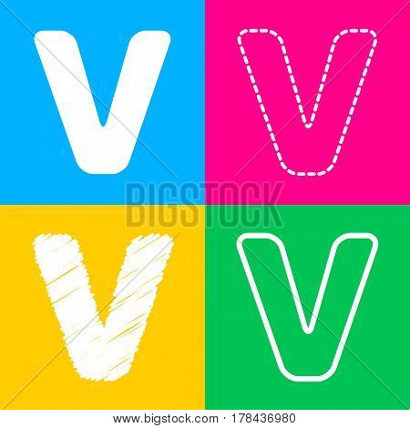 Letter V sign design template element. Four styles of icon on four color squares.