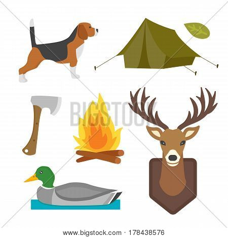 Set of vintage hunting symbols camping objects design elements flat style hunter weapons and forest wild animals and other outfit isolated vector illustration. Aiming outdoors equipment.