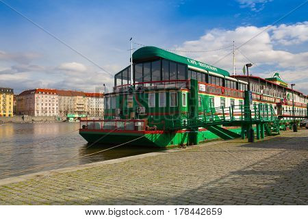 Prague Czech Republic - March 20 2017: Botel Admiral on the Vltava river in Prague.In Admiral Botel is romantic and comfortable accommodation in a central location Prague.
