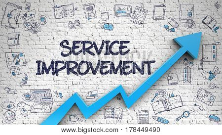 Service Improvement - Modern Line Style Illustration with Hand Drawn Elements. Service Improvement - Enhancement Concept. Inscription on White Wall with Doodle Design Icons Around. 3d.