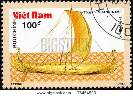 UKRAINE - CIRCA 2017: A postage stamp printed in Vietnam shows old sailing ship Scandinave series Ancient boats 100d circa 1990