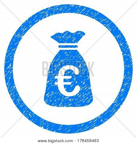 Rounded Euro Money Bag rubber seal stamp watermark. Icon symbol inside circle with grunge design and scratched texture. Unclean vector blue sign.