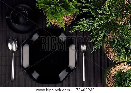 Black glossy plate spoon fork border green plants as elegant minimalistic eco frendly mockup for menu top view.