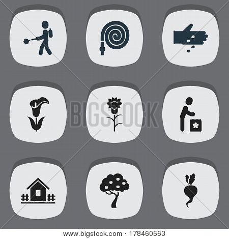 Set Of 9 Editable Agriculture Icons. Includes Symbols Such As Home With Fence, Plant Spray, Flower And More. Can Be Used For Web, Mobile, UI And Infographic Design.