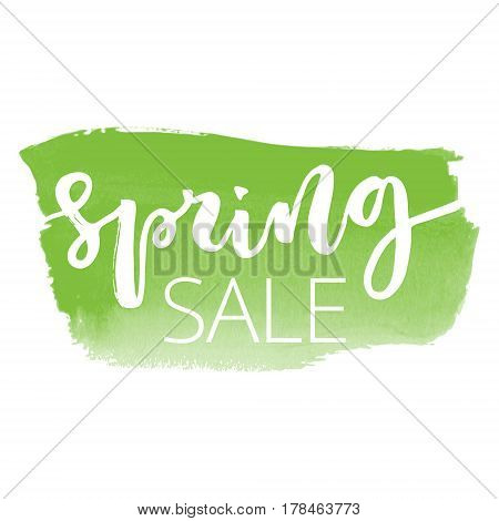 Spring sale white hand written inscription on green watercolour banner background