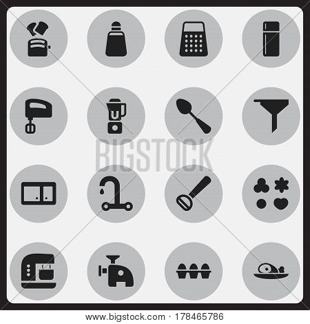 Set Of 16 Editable Meal Icons. Includes Symbols Such As Faucet, Meat, Meat Grinder And More. Can Be Used For Web, Mobile, UI And Infographic Design.