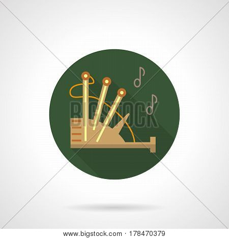 Beige bagpipe with abstract outline noted. Woodwind reed music instrument. Round flat design vector icon.