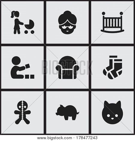 Set Of 9 Editable Kin Icons. Includes Symbols Such As Child Cot, Pussy, Moneybox And More. Can Be Used For Web, Mobile, UI And Infographic Design.