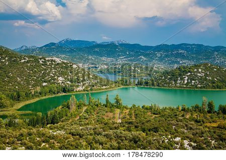 summer landscape of Bacinska Lakes surrounded by mountains Croatia
