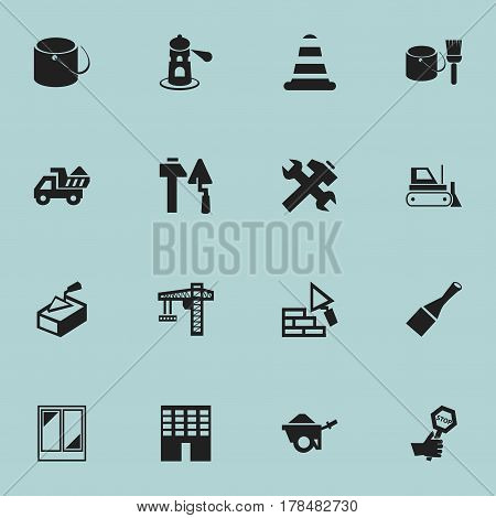 Set Of 16 Editable Building Icons. Includes Symbols Such As Balcony, Construction Tools, Spatula And More. Can Be Used For Web, Mobile, UI And Infographic Design.