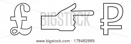 Vector linear icon depicting a hand with an extended index finger showing the way from pound to ruble for an exchange office.