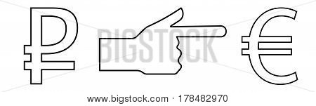 Vector illustration of a hand with an extended index finger showing the way from ruble to euro for an exchange office.