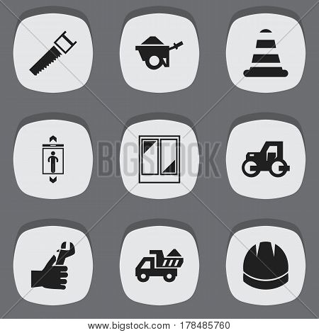 Set Of 9 Editable Building Icons. Includes Symbols Such As Balcony, Hardhat, Caterpillar And More. Can Be Used For Web, Mobile, UI And Infographic Design.