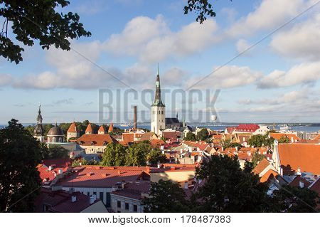 Scenic Summer Beautiful Aerial Skyline Panorama Of The Old Town In Tallinn, Estonia