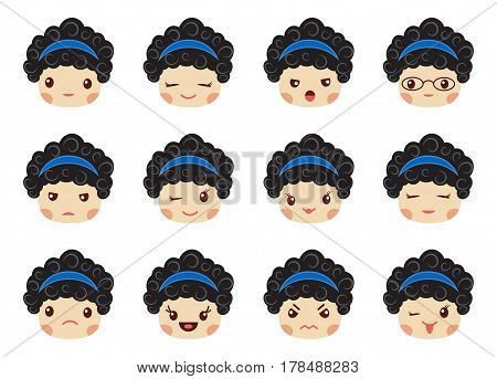 Emoji set of young cute girl, positive and negative emoions, different face expressions and moods, avatar collection isolated on white background, vector flat style illustration