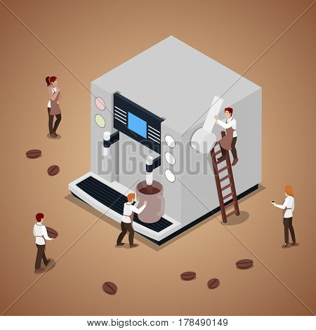 Miniature People Making Coffee with Espresso Machine. Vector flat 3d isometric illustration