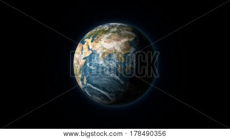 Realistic Earth centered on the Asian continent on a black background. Digital illustration. Earth texture is public domain provided by NASA.