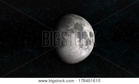The Moon in waxing gibbous phase on a background of stars. Digital illustration. Moon texture is public domain provided by NASA.