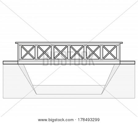 Vector train bridge in side view and isolated on white background. Industrial 2d transportation building. Metallic bridge architecture. Outlined railway bridge with rail. Assembled bridge construction
