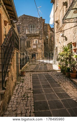 Old alley in the historic center of Trevi nel Lazio, Italy