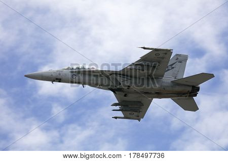 MELBOURNE, AUSTRALIA - MARCH 24: An Royal Australian Air Force FA18F Super Hornet performs in a public display above Melbourne on March 24, 2017