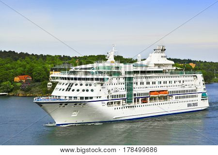STOCKHOLM, SWEDEN - MAY 22, 2016: Cruise ship Birka Cruises sailing to port Stockholm. MS Birka Stockholm is a cruise ship owned by Birka Line, operated under their Birka Cruises brand.