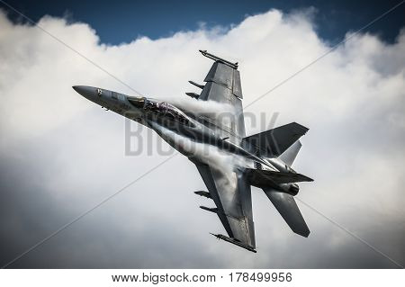 MELBOURNE, AUSTRALIA - MARCH 25: An Royal Australian Air Force FA18F Super Hornet performs in a public display above Melbourne on March 25, 2017