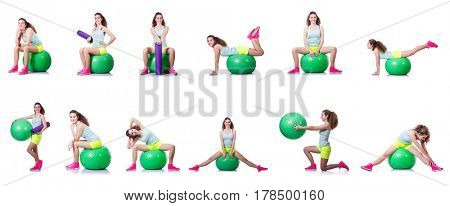 Young woman with ball exercising on white
