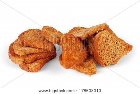 Pile of rye croutons isolated on white