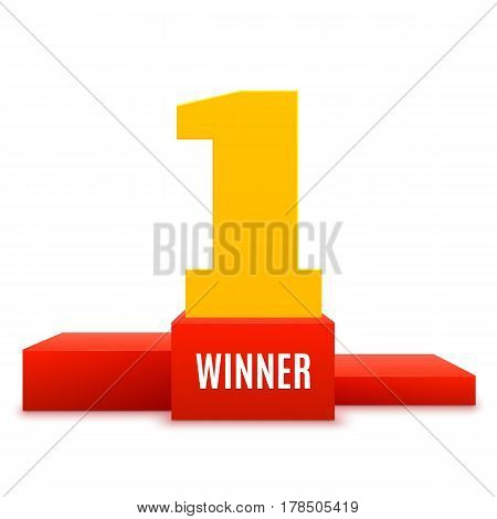 1st place design. Winners pedestal isolated on white background. Red podium with gold number one. The award for first place. Vector illustration.