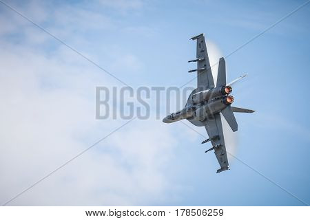 MELBOURNE, AUSTRALIA - MARCH 26: An Royal Australian Air Force FA18F Super Hornet performs in a public display above Melbourne on March 26, 2017