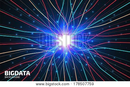 Abstract communication network background. Fractal element with lines and dots array. Big data connection complex concept. Futuristic digital neural network visualisation. Vector illustration
