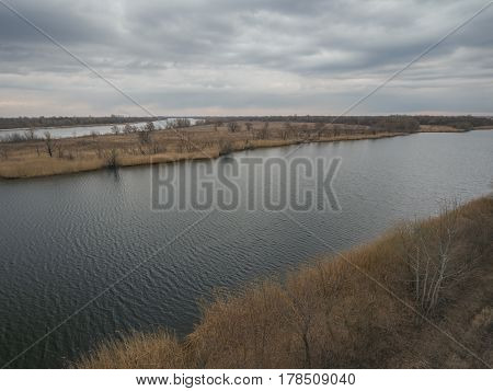 Drone shot of Don river near Rostov-on-Don on a spring morning. Aerial view.