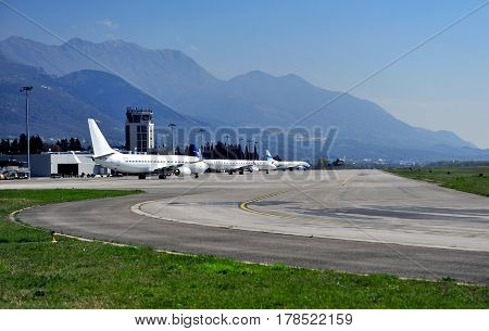 TIVAT MONTENEGRO - MARCH 25: View of Tivat airport on March 25 2017. Tivat is a famous resort in Montenegro.