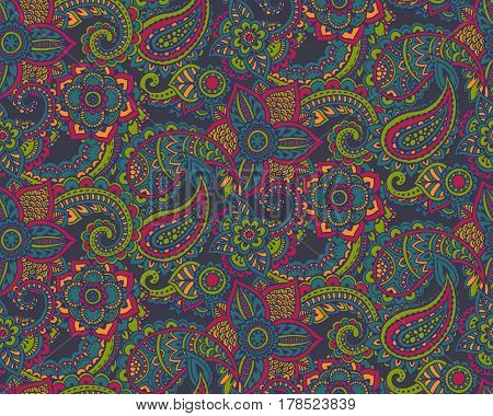 Vector seamless pattern with hand drawn henna mehndi floral elements. Beautiful colorful endless background in oriental indian style