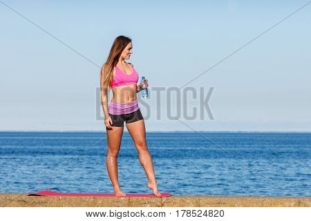 Woman Drinking Water After Sport Gym Outdoor